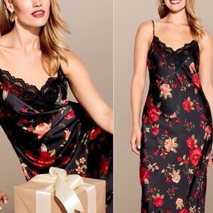 Old Navy Black Satin Maxi Slip Dress with Red Rose Print